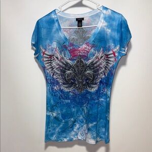 Rue21 Blue and Pink Winged Graphic Tee